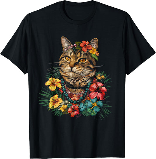 Cat Hawaiian Flowers Hula Hibiscus Funny Cute Hawaii T-Shirt