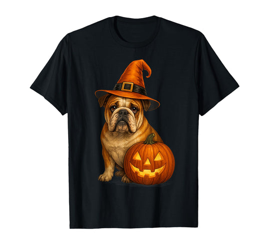 Bulldog Halloween Dog Witch Pumpkin Design Thanksgiving T-Shirt