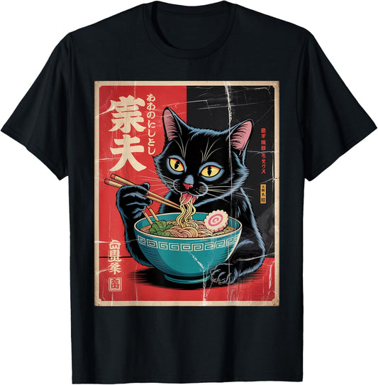 Japanese Black Cat Eating Ramen Kitten Food Men Women Kids T-Shirt
