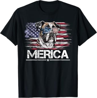 Vintage Boxer Dog, Merica Boxer Dog USA Flag Funny Women Kids Men T-Shirt