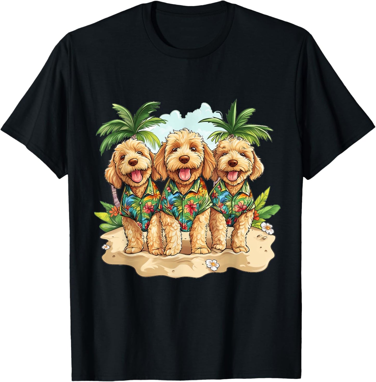 Goldendoodle Dogs In Hawaiian Tops Palm Trees Cute Dog Beach T-Shirt