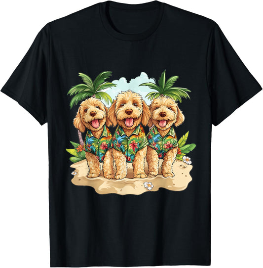 Goldendoodle Dogs In Hawaiian Tops Palm Trees Cute Dog Beach T-Shirt