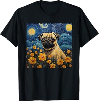 Pug Dog Breed Starry Night, Dog Pug Animal Flower Howl' Moon T-Shirt