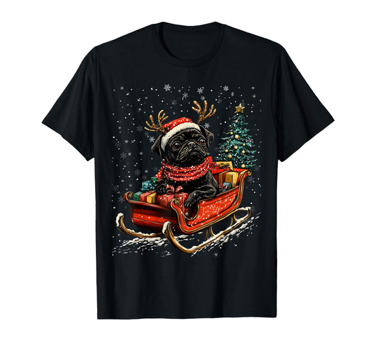 Santa Black Pug reindeer Light Christmas T-Shirt