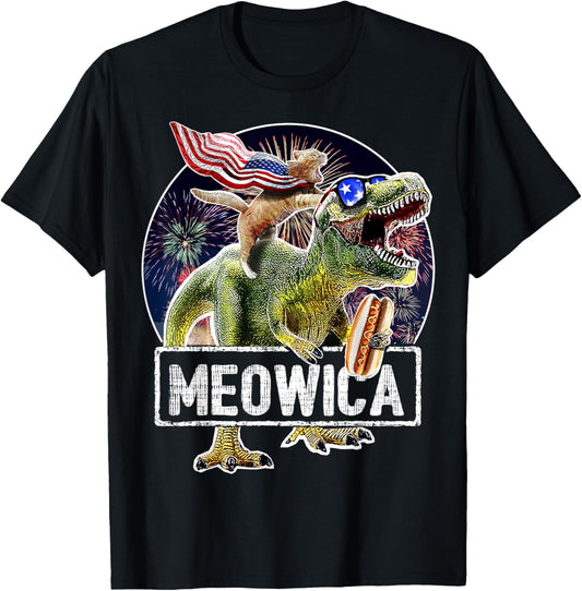 Meowica American Flag Cat T Rex Dinosaur 4th of July Kids T-Shirt