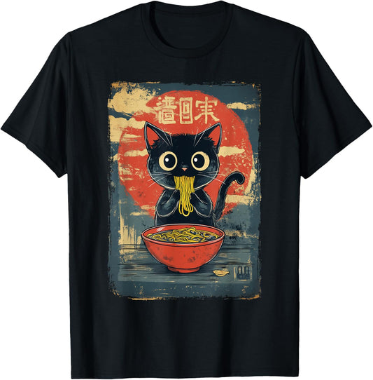 Black Cat Eating Ramen Vintage T-Shirt