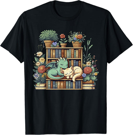 Boho Librarian Booklover Cottagecore Fantasy Book Dragon Cat T-Shirt