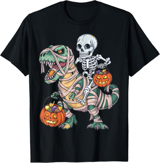 Skeleton Riding Mummy Dinosaur T rex Halloween Funny Pumpkin T-Shirt