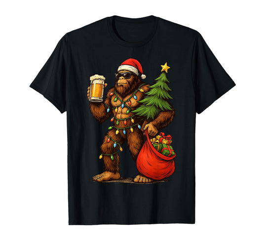 Funny Big Foot Santa Hat Drink Christmas Tree Xmas Men T-Shirt