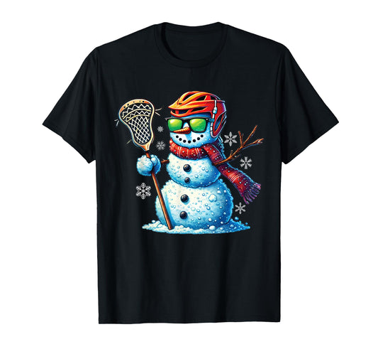 Snowman Playing Lacrosse Funny Lacrosse Player Christmas T-Shirt