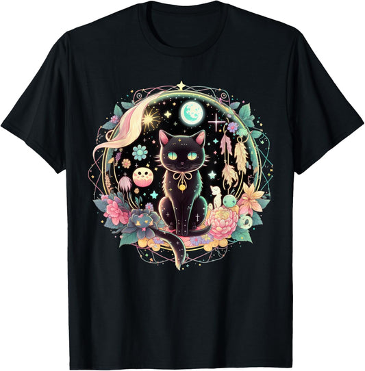 Moon Phases Crystal Witchy Cute Black Cat Kawaii Pastel Goth T-Shirt