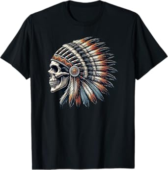 Native American Indian Chief Skull Motorcycle Headdress T-Shirt