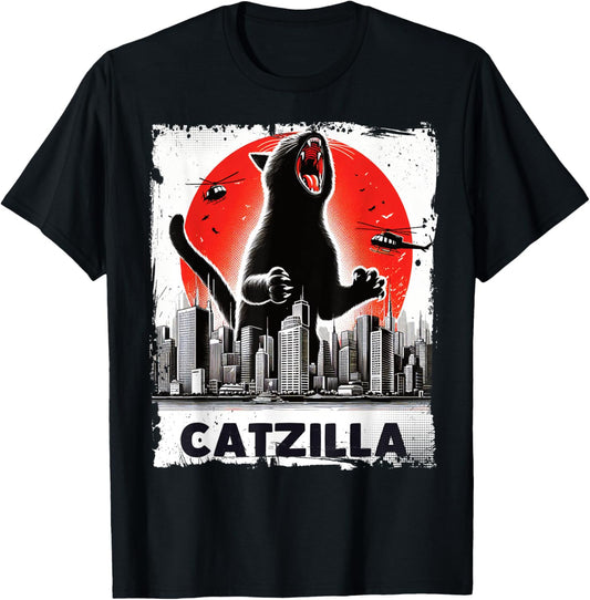 Catzilla Roaring Over City Skyline Cat Monster Kitten Kitty T-Shirt, Small, Black