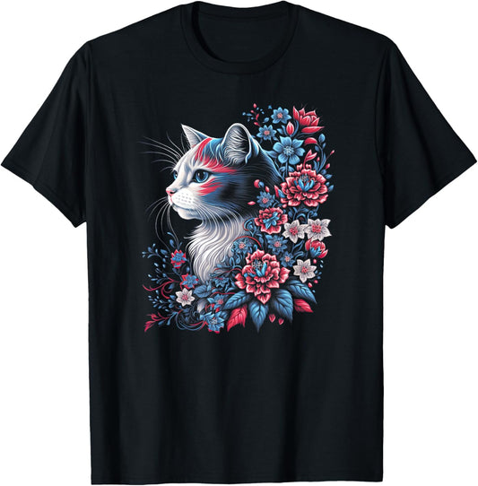 Floral Cat - Red White and Blue 4th of July Patriotic T-Shirt