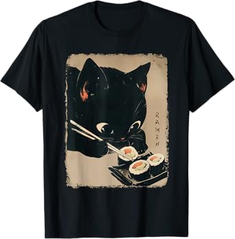 Kawaii Cat Eating Sushi Funny Japanese Anime Cute Cat Girls T-Shirt
