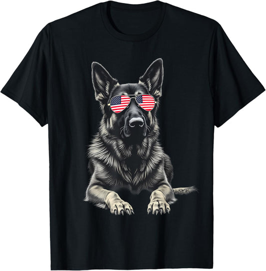 German Shepherd USA Flag Sunglasses Patriotic 4th of july T-Shirt