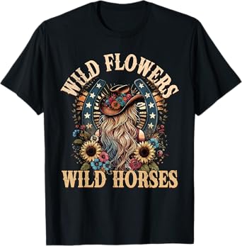 Retro Southern Sunset Cowgirl Wild Flowers - Wild Horses T-Shirt