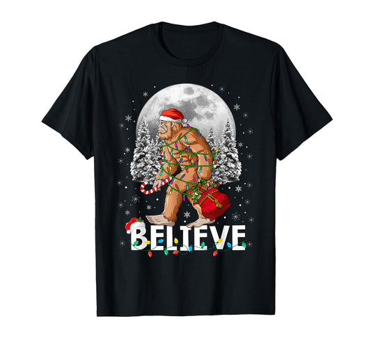 Santa Bigfoot Christmas Lights Funny Sasquatch Believe Xmas T-Shirt
