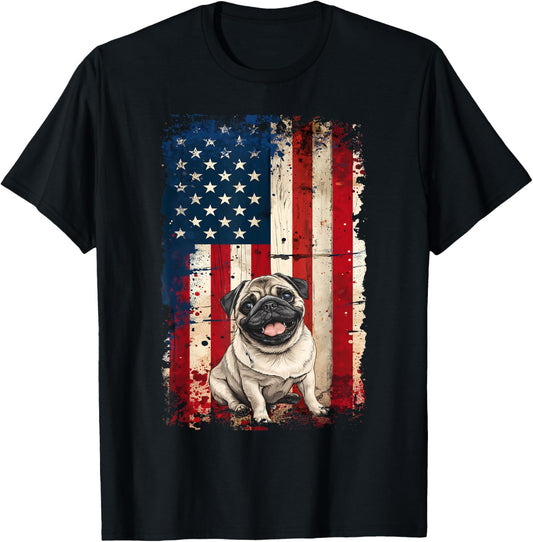 Pug American Flag USA Patriotic 4th of July T-Shirt