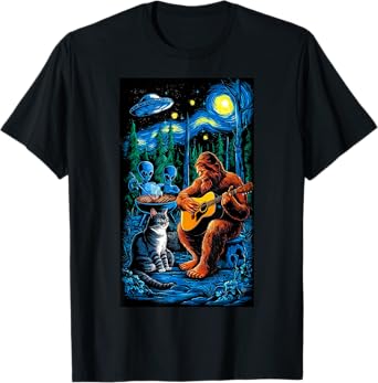 Funny Cat UFO Alien Bigfoot Sasquatch Camping Playing Guitar T-Shirt
