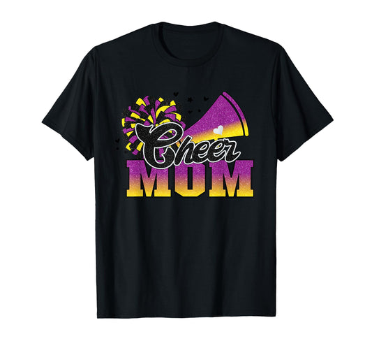 Football Cheer Mom Purple Yellow Black Pom Leopard T-Shirt