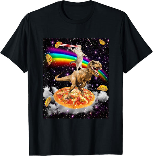 Galaxy Laser Cat on Dinosaur on Pizza with Tacos & Rainbow T-Shirt
