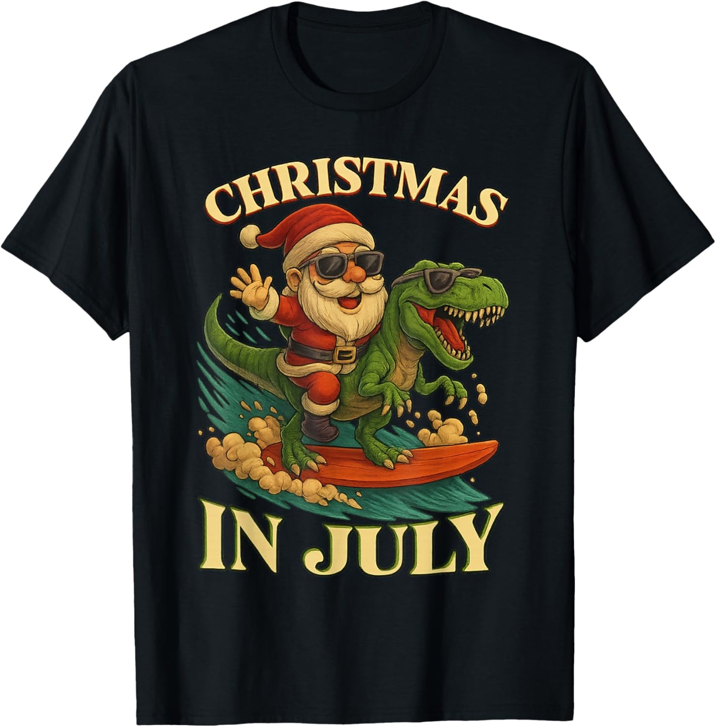 Retro Christmas in July Santa Dinosaur Surfing T-Shirt