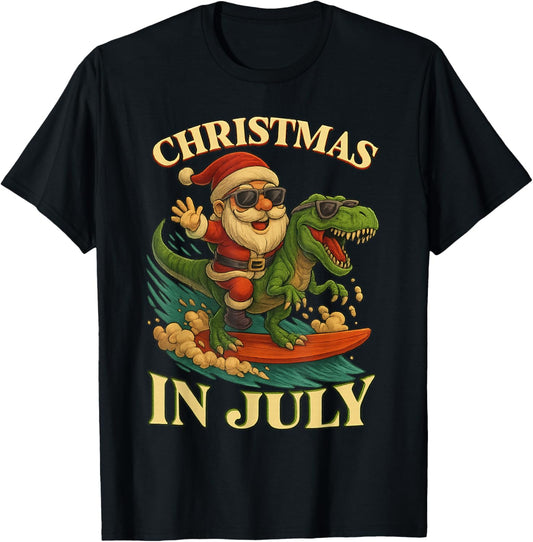 Retro Christmas in July Santa Dinosaur Surfing T-Shirt