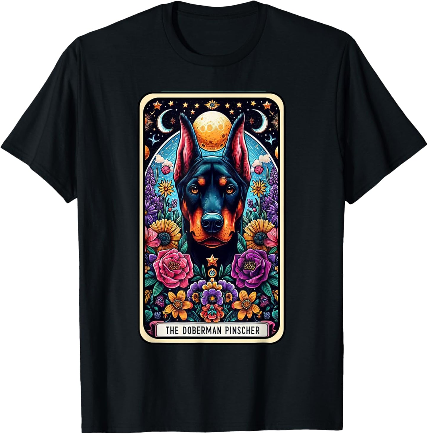 Doberman Pinscher Dog Tarot Card Floral Star Moon T-Shirt