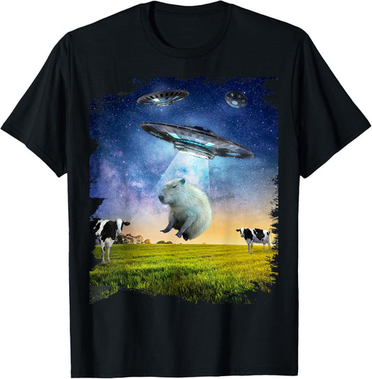 Capybara UFO Abduction Abducting Funny T-Shirt, Men's Unisex-Adults, Black, Small, Short Sleeve, Regular Fit, Cotton, Polyester