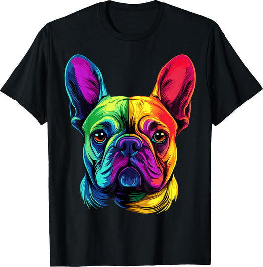 Colorful French Bulldog Frenchie Face Cute Dog Lover Black T-Shirt