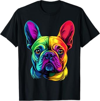 Colorful French Bulldog Frenchie Face Cute Dog Lover Black Men Women Kids T-Shirt