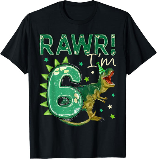 Six T Rex 6th Birthday Dinosaur Rawr I'm 6 Year Old Boy T-Shirt