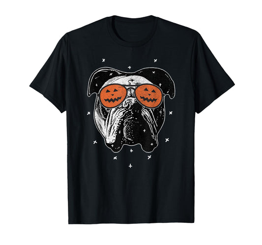 English Dog Wearing Pumpkin Sunglasses | Halloween Bulldog T-Shirt for Men Women Kids