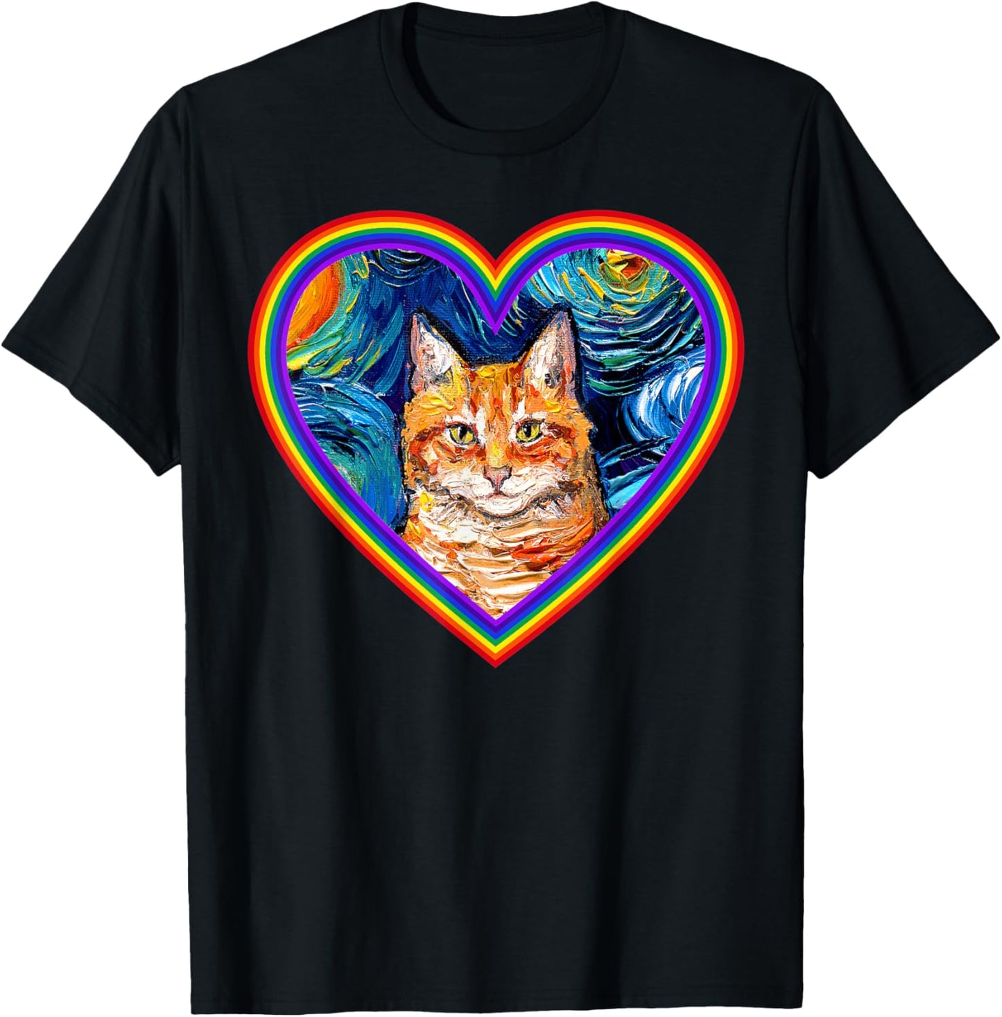 Orange Tabby Cat Starry Night in Rainbow Heart Art by Aja T-Shirt
