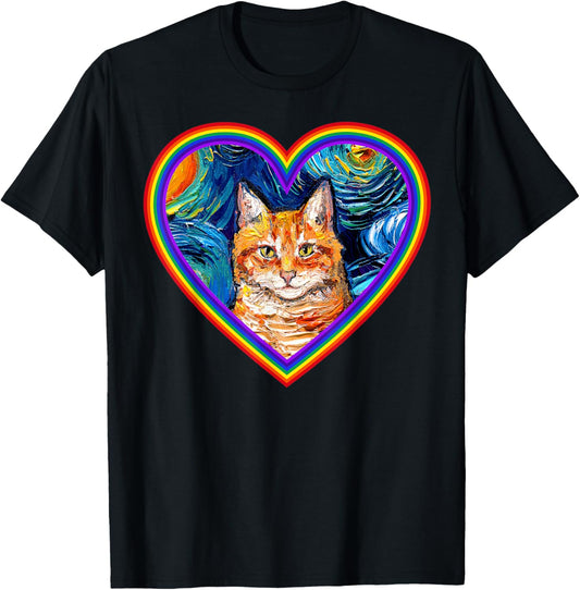 Orange Tabby Cat Starry Night in Rainbow Heart Art by Aja T-Shirt