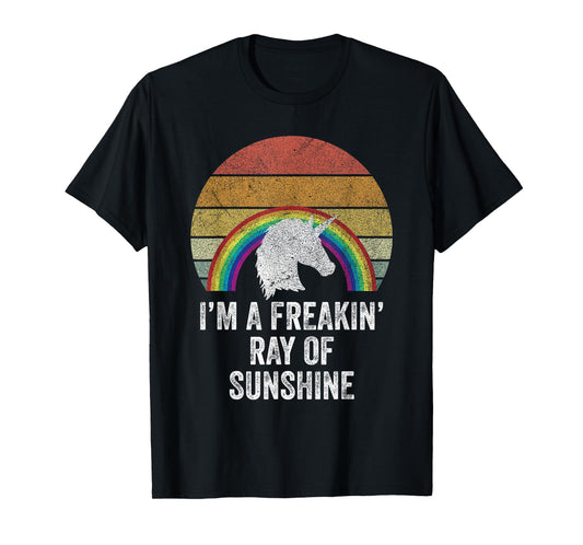 Retro I'm A Freakin' Ray Of Sunshine Funny Rainbow Unicorn T-Shirt for Men Women Girls Kids