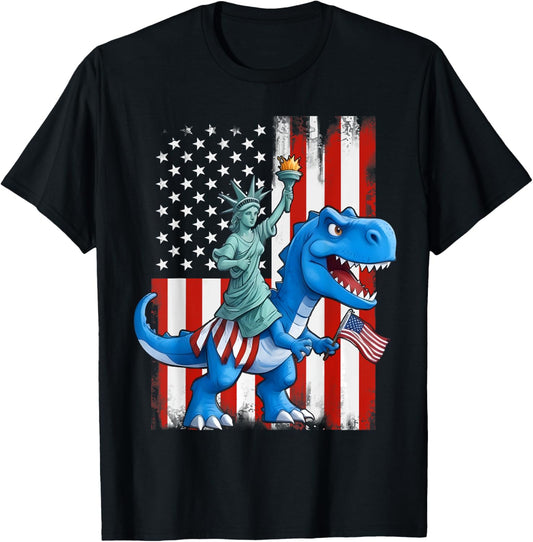 Dinosaur Statue Of Liberty 4th Of July Boys American Flag T-Shirt