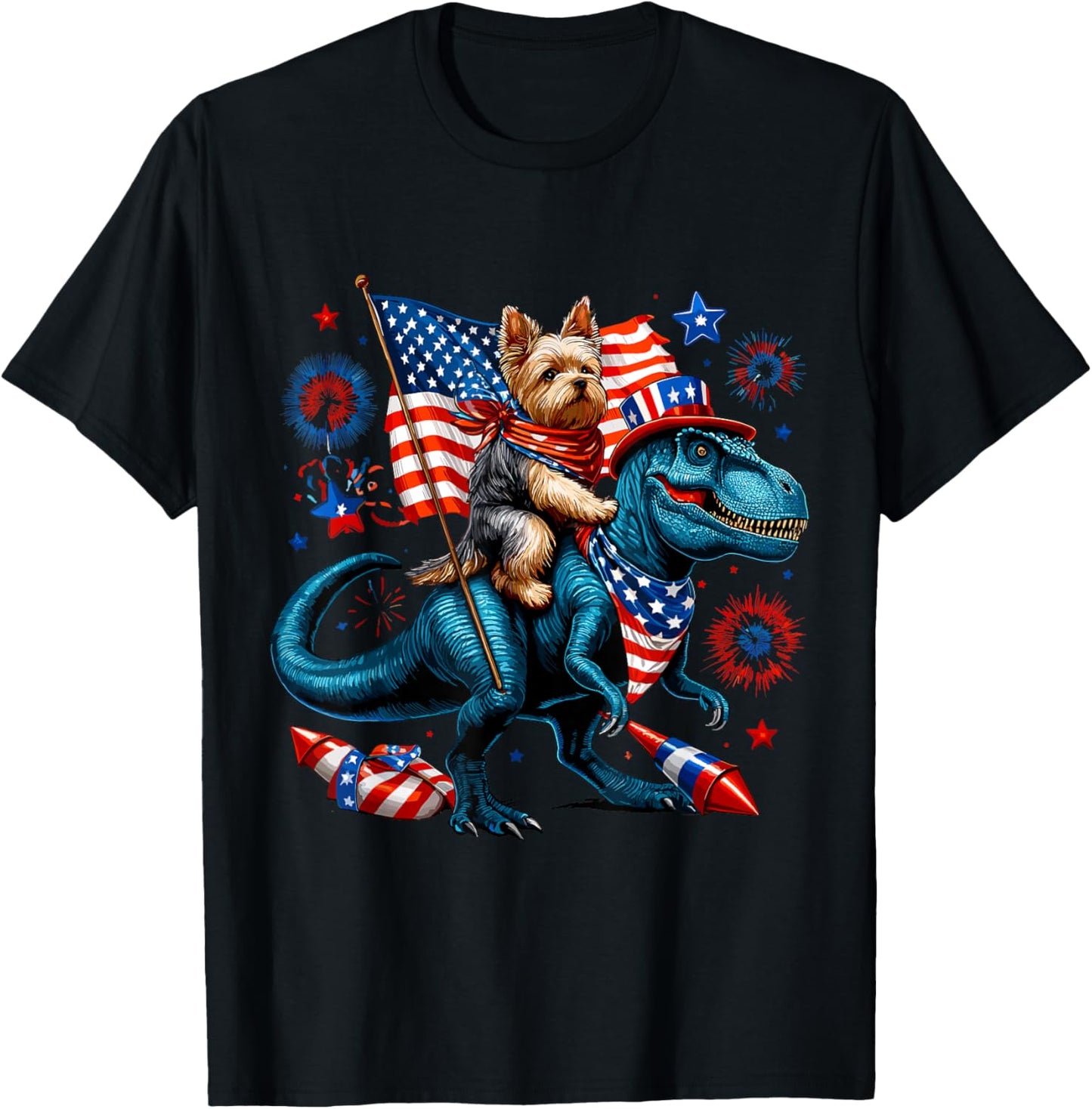 Patriotic Yorkie Riding T-Rex Dinosaur 4th of July Design T-Shirt