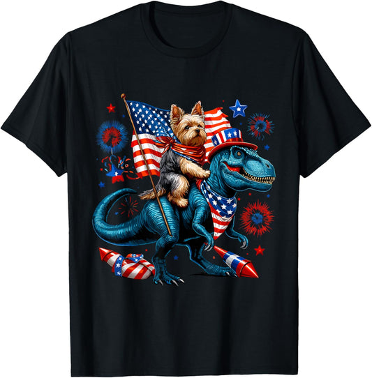 Patriotic Yorkie Riding T-Rex Dinosaur 4th of July Design T-Shirt