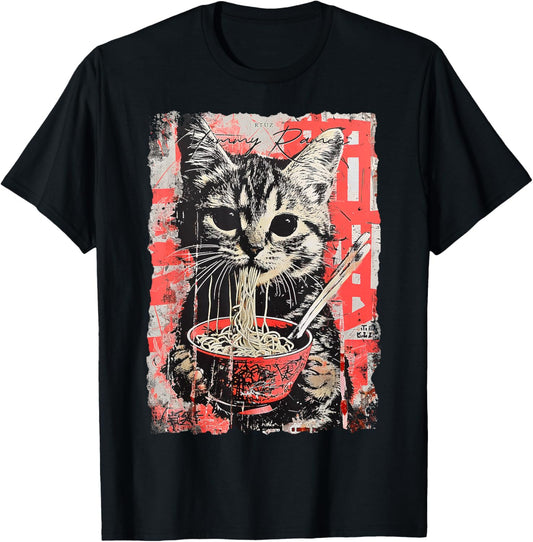 Ramen Noodles Cat Japan Y2K Kawaii Retro Cats Manga Anime T-Shirt