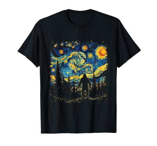 Funny Bigfoot Starry Night Sasquatch Van Gogh Sky Painting T-Shirt