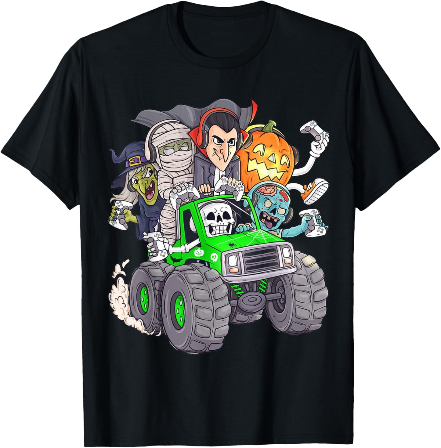 Halloween Gamer Skeleton Zombie Monster Truck Boys Kids T-Shirt
