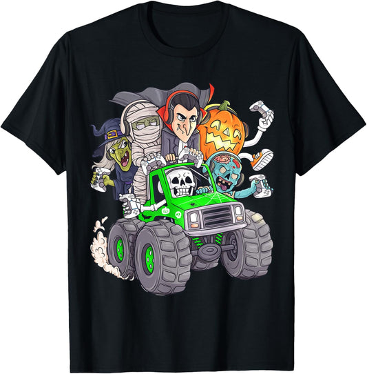 Halloween Gamer Skeleton Zombie Monster Truck Boys Kids T-Shirt