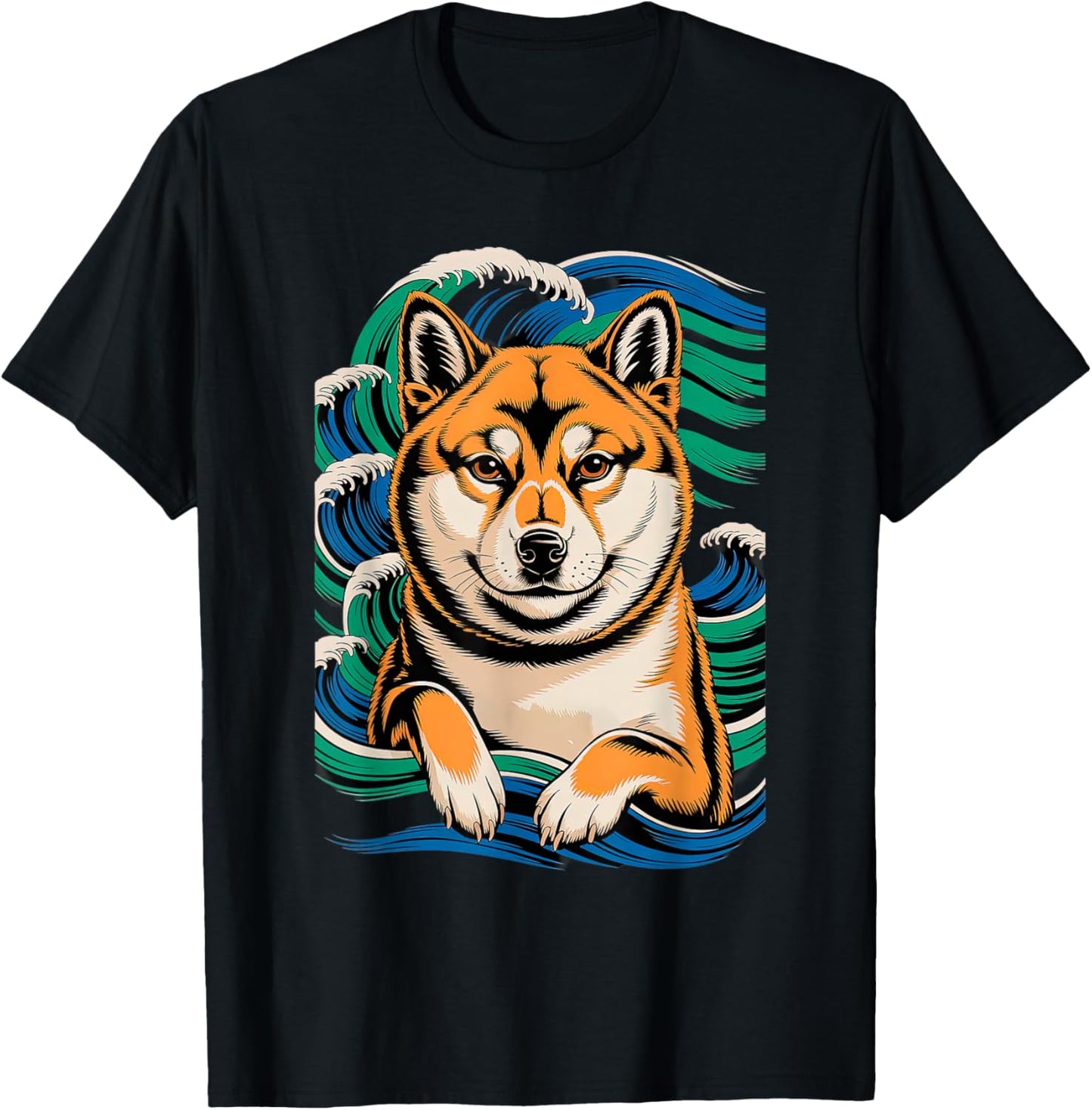 Dog Japanese Ukiyo-e Wave Woodblock Traditional Art T-Shirt