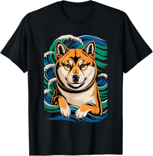 Dog Japanese Ukiyo-e Wave Woodblock Traditional Art T-Shirt
