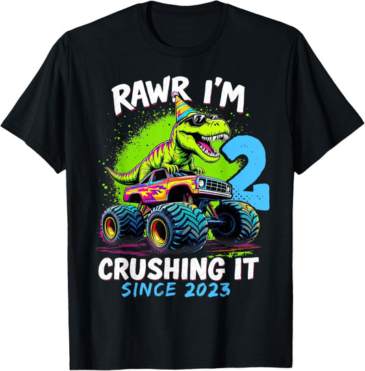 2nd Birthday Monster Truck Dinosaur Party Boys Rawr I'm 2 T-Shirt