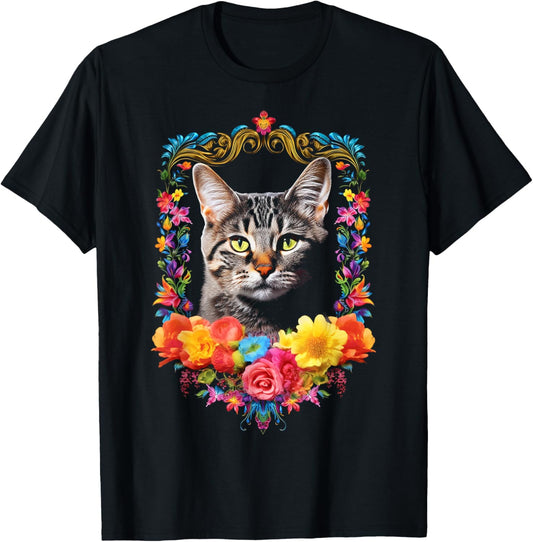 Cat Colorful Animal Flowers Art Face Graphic Cat T-Shirt