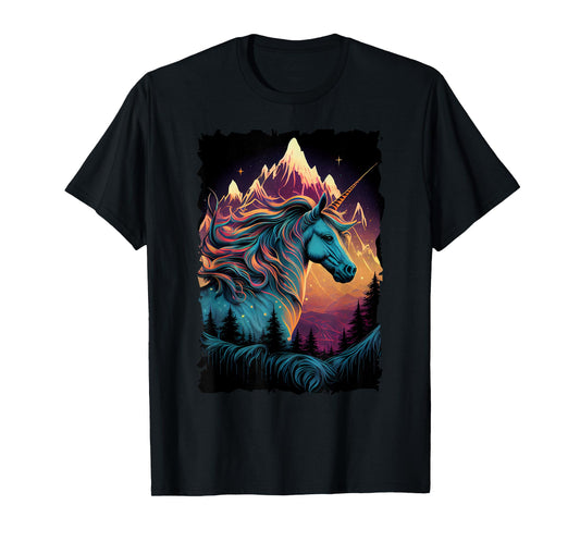 Vintage Unicorn Silhouette with Mountain Sunset Fantasy T-Shirt