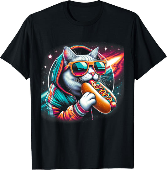 Funny Cat eating Hotdog in space kitty Space Galaxy T-Shirt